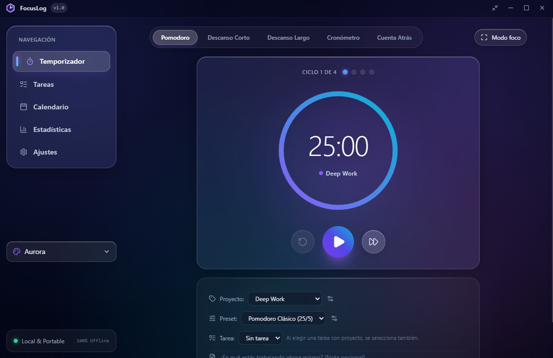 Pantalla del temporizador de FocusLog con un Pomodoro de 25 minutos